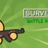 Postać z karabinem na tle logo gry surviv.io.