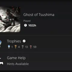 Ghost of Tsushima: 1022 godziny spędzone w grze, 1 platyna, 4 złota, 13 srebrnych i 59 brązowych trofeów.