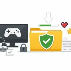 Komputer z padem, słuchawki, dyski, kłódka i folder z licencją symbolizują bezpieczne pobieranie gry na PC za darmo.