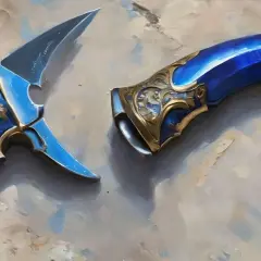 Karambit case hardened blue gem, ozdobiony złotymi ornamentami, lśni jak klejnot.