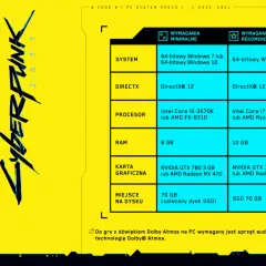 Tabela z wymaganiami minimalnymi i rekomendowanymi dla gry Cyberpunk 2077. Sprawdź, czy Twój komputer spełnia cyberpunk wymagania.