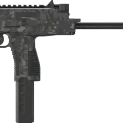 MP9 z cyfrowym kamuflażem, z magazynkiem i wysuwaną kolbą.