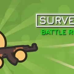 Postać z karabinem na tle logo gry surviv.io.