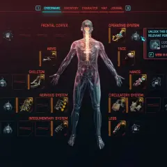Interfejs Cyberware w grze, pokazujący możliwości ulepszeń postaci. Modyfikacje w Cyberpunk 2077 pozwalają na rozbudowę ciała.