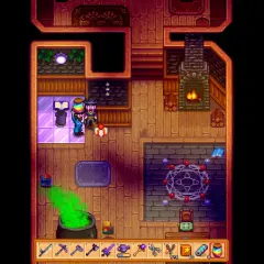 Gracz w Stardew Valley tworzy magiczny eliksir, z którego unosi się zielona para. Obok stoi kocioł, a na podłodze magiczny krąg.