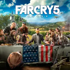 Postapokaliptyczna uczta w otwartym świecie Far Cry 5. Postacie siedzą przy stole, na którym leżą broń i jedzenie, a w tle widać zniszczoną farmę.