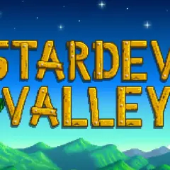 Napis "STARDEW VALLEY" zrobiony z drewnianych desek, ozdobiony listkami. Tło to nocne niebo z gwiazdami i krajobrazem górskim. Idealny do spolszczenia Stardew Valley.