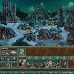 Zimowy krajobraz z zamkiem i wioską w grze Heroes 3, widok interfejsu gry.