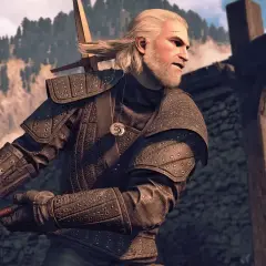 Geralt w zbroi z Wiedźmin 3, najlepszy rynsztunek, gotowy do walki.
