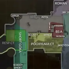 Mapa CS2 z zaznaczonymi obszarami: Ninja, Pizza, Resp CT, Short Góra, Roman, Beczki, Rampa/Zebra, BS A, Pochylnia CT, Skrzyżowanie.