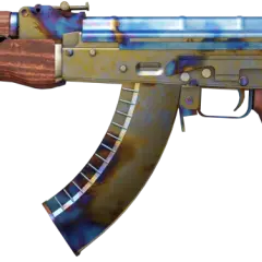Karabin AK-47 z drewnianymi elementami i metalem o tęczowym, case hardened wykończeniu.