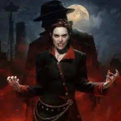 Wampirzyca z kłami i krwią na ustach, w tle nocne miasto i cień mężczyzny w kapeluszu. Klimat Vampire the Masquerade.