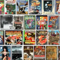 Kolekcja okładek **stare gry na PC lata 2005**, w tym Gothic 3, Nocturne, Wolfenstein, The Sims i wiele innych klasyków.