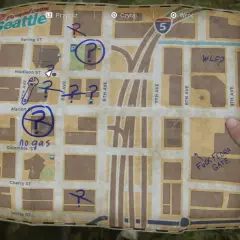 Mapa Seattle z zaznaczonymi miejscami i pytajnikami. Może zawierać wskazówki do sejfu w The Last of Us 2.