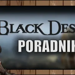 Postać z gry Black Desert, z białymi włosami i fioletowymi akcentami, obok napisu "PORADNIK". Spolszczenie gry ułatwia zrozumienie poradnika.