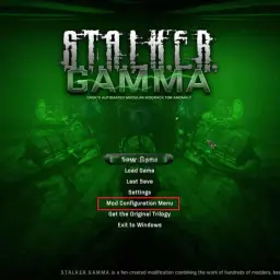 Menu gry S.T.A.L.K.E.R. GAMMA, modpacku dla Anomaly. Opcja "Mod Configuration Menu" pozwala dostosować stalker anomaly.