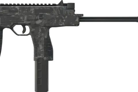 MP9 z cyfrowym kamuflażem, z magazynkiem i wysuwaną kolbą.