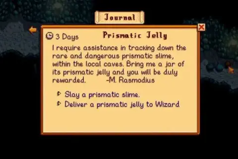 Dziennik w Stardew Valley: zadanie "Prismatic Jelly" od Czarodzieja. Trzeba pokonać tęczowego śluzaka i zdobyć jego galaretkę.