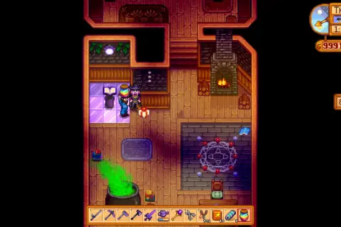 Gracz w Stardew Valley tworzy magiczny eliksir, z którego unosi się zielona para. Obok stoi kocioł, a na podłodze magiczny krąg.