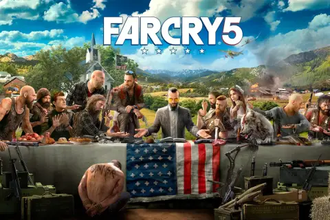 Postapokaliptyczna uczta w otwartym świecie Far Cry 5. Postacie siedzą przy stole, na którym leżą broń i jedzenie, a w tle widać zniszczoną farmę.