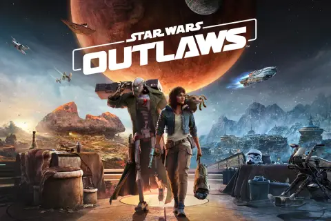 Postapokaliptyczny krajobraz z dwójką bohaterów i logo gry Star Wars Outlaws.