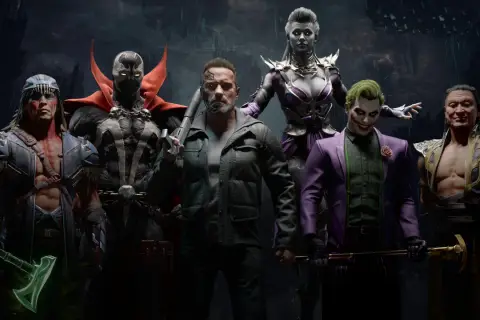 Mortal Kombat 11 postacie: Spawn, Terminator, Joker, Sindel, Nightwolf i Shang Tsung gotowi do walki.