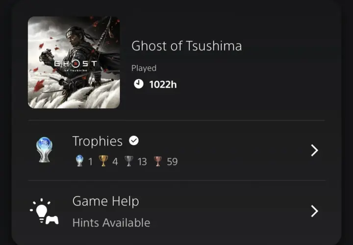 Ghost of Tsushima: 1022 godziny spędzone w grze, 1 platyna, 4 złota, 13 srebrnych i 59 brązowych trofeów.