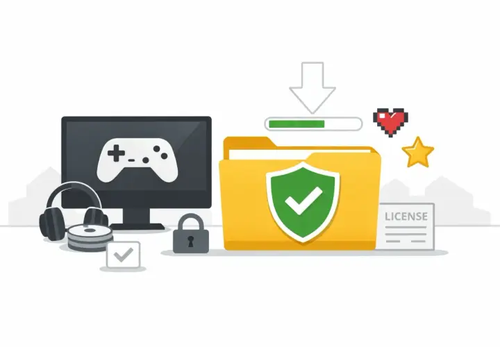 Komputer z padem, słuchawki, dyski, kłódka i folder z licencją symbolizują bezpieczne pobieranie gry na PC za darmo.