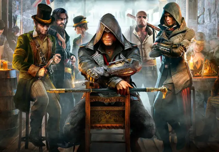 Postacie z Assassin's Creed Syndicate w wiktoriańskim pubie.