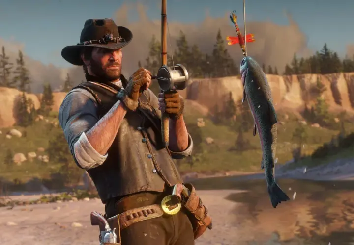 Arthur Morgan z Red Dead Redemption 2 PC cieszy się udanym połowem tęczowej ryby.