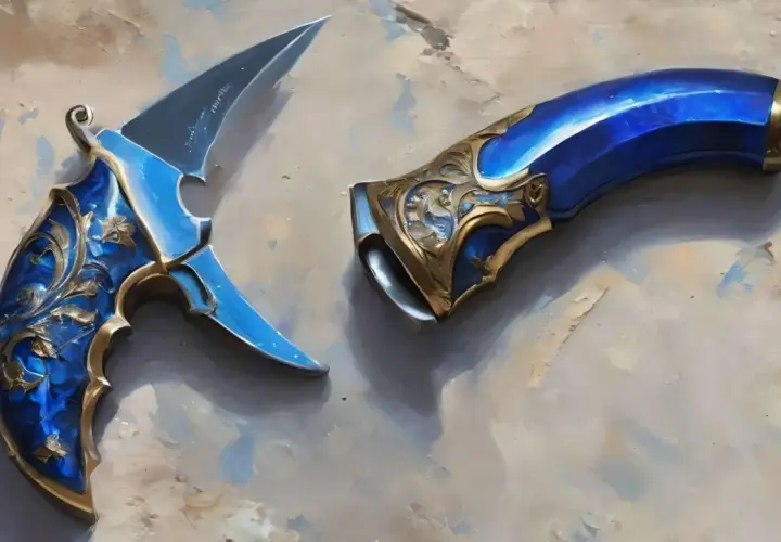 Karambit case hardened blue gem, ozdobiony złotymi ornamentami, lśni jak klejnot.