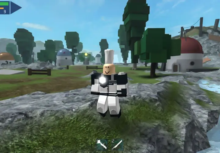Postać w grze Roblox, która istnieje od 2006 roku, stoi na tle krajobrazu z budynkami i drzewami.