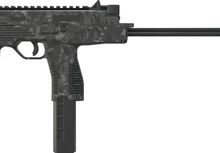 MP9 z cyfrowym kamuflażem, z magazynkiem i wysuwaną kolbą.