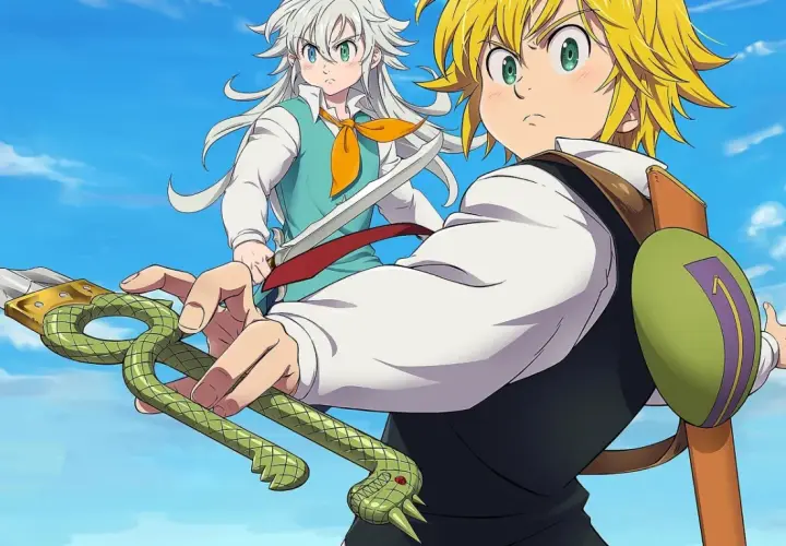 Meliodas i Zeldris z "Siedmiu Grzechów" gotowi do walki pod błękitnym niebem.