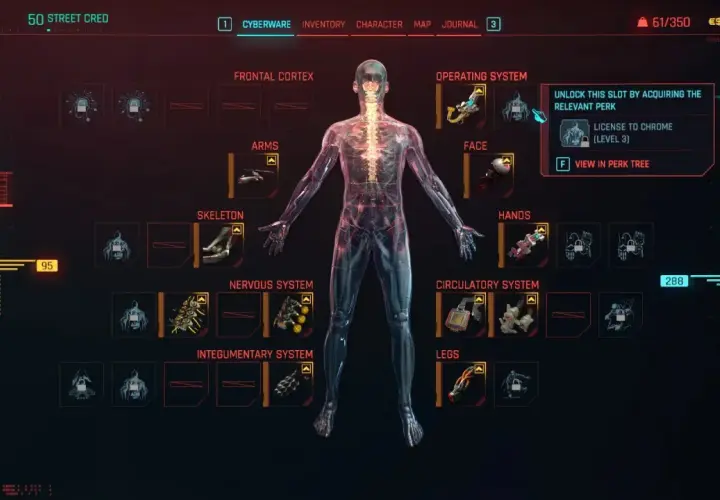 Interfejs Cyberware w grze, pokazujący możliwości ulepszeń postaci. Modyfikacje w Cyberpunk 2077 pozwalają na rozbudowę ciała.