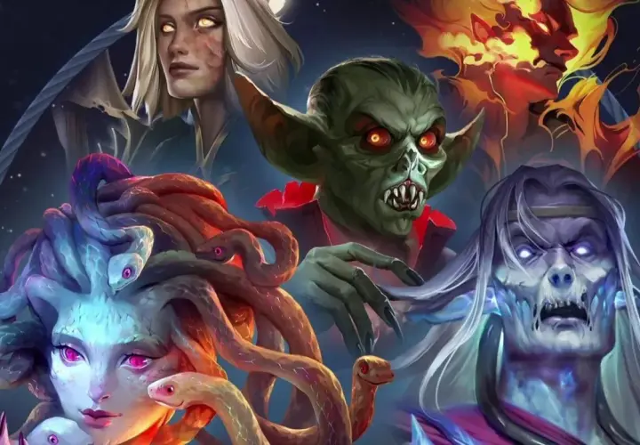 Potwory z Heroes of Might and Magic 8: Meduza, wampir, nieumarły i ognisty demon.