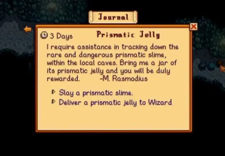 Dziennik w Stardew Valley: zadanie "Prismatic Jelly" od Czarodzieja. Trzeba pokonać tęczowego śluzaka i zdobyć jego galaretkę.