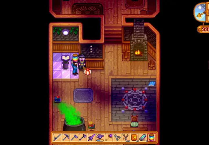 Gracz w Stardew Valley tworzy magiczny eliksir, z którego unosi się zielona para. Obok stoi kocioł, a na podłodze magiczny krąg.