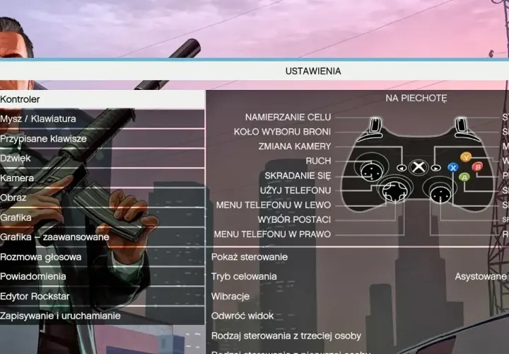 Ustawienia kontrolera GTA V na Xbox One. Menu zawiera opcje jak "Mysz/Klawiatura", "Grafika", "Edytor Rockstar". Nie ma tu bezpośrednich instrukcji jak zainstalować mody do GTA 5 na Xbox One.
