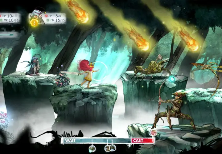 Postacie w tym jrpg walczą z potworami w lesie, spadają meteoryty.