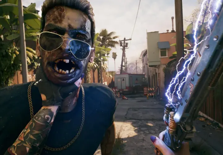 Zombi w okularach przeciwsłonecznych i z łańcuchem na szyi, trzymający broń zasilaną elektrycznością. Czy to zapowiedź Dead Island 2 crossplay?