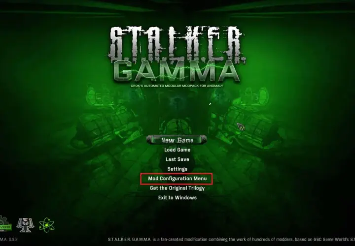 Menu gry S.T.A.L.K.E.R. GAMMA, modpacku dla Anomaly. Opcja "Mod Configuration Menu" pozwala dostosować stalker anomaly.