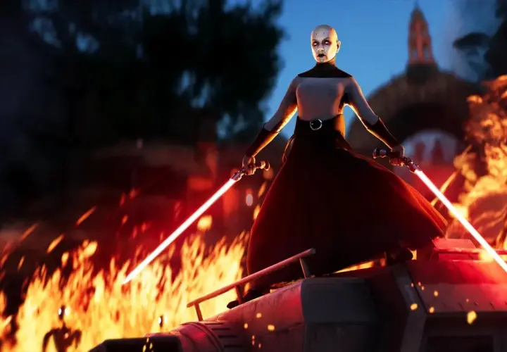 Siostra Nocy z podwójnym mieczem świetlnym na tle płomieni, jakby z gry Star Wars Battlefront 3.