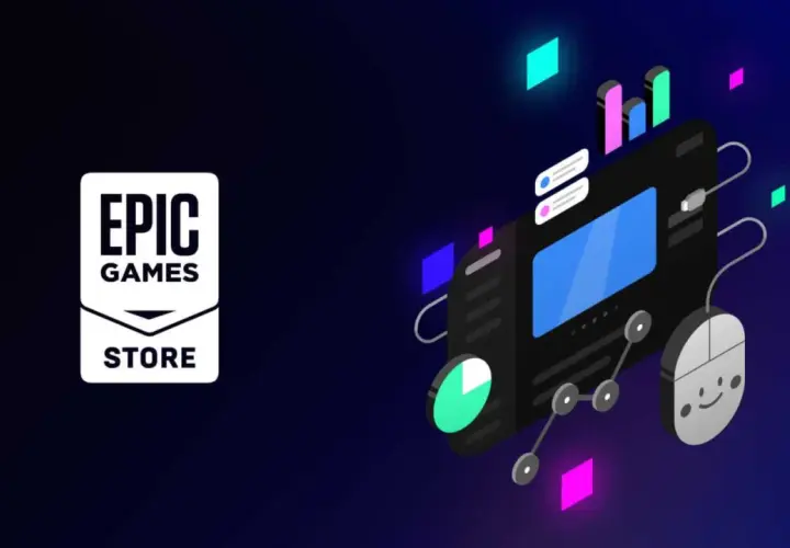 Logo Epic Games Store obok stylizowanej grafiki z myszką i wykresami. Czas na **epic games darmowe gry**!