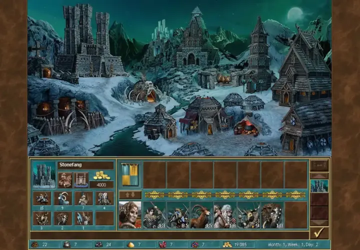 Zimowy krajobraz z zamkiem i wioską w grze Heroes 3, widok interfejsu gry.