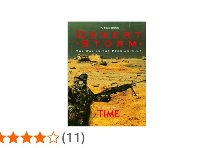 Okładka książki "Desert Storm: The War in the Persian Gulf" z żołnierzem w masce gazowej i karabinem maszynowym na pustynnym tle.