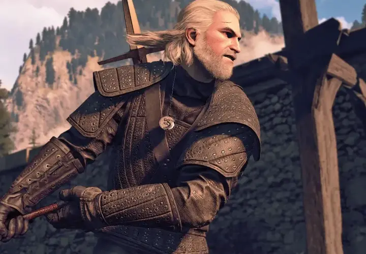 Geralt w zbroi z Wiedźmin 3, najlepszy rynsztunek, gotowy do walki.