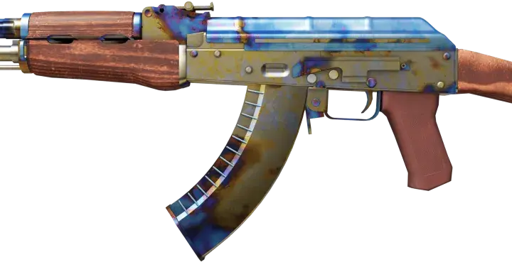 Karabin AK-47 z drewnianymi elementami i metalem o tęczowym, case hardened wykończeniu.