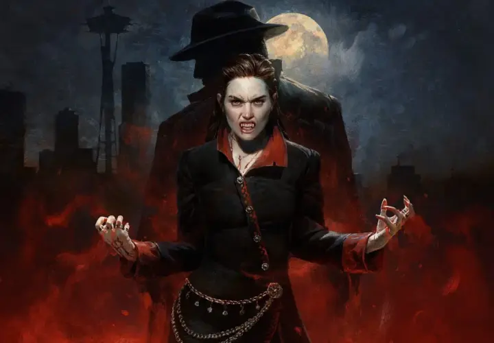 Wampirzyca z kłami i krwią na ustach, w tle nocne miasto i cień mężczyzny w kapeluszu. Klimat Vampire the Masquerade.