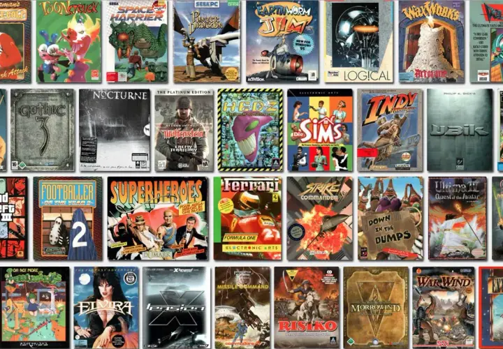 Kolekcja okładek **stare gry na PC lata 2005**, w tym Gothic 3, Nocturne, Wolfenstein, The Sims i wiele innych klasyków.
